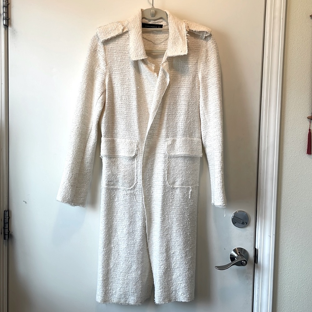 Zara Woman M Medium Cotton Duster, Creamy White, Epaulettes, Unfinished E…